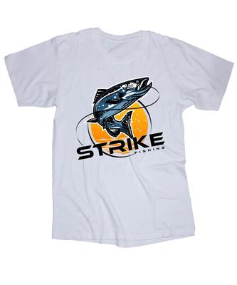 STRIKE FISHING weißes T-Shirt Barsch Forelle See Bootfahren Draußen Angelrute Köder