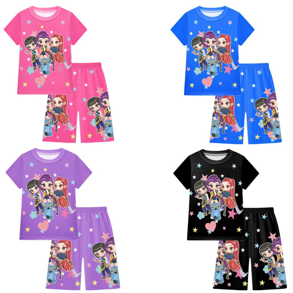 KPOP Mädchen T-Shirt und Hosen Set, Demon Slayer Cartoon, Zweiteiliges Kurzarm- und Shorts-Set für große Kinder