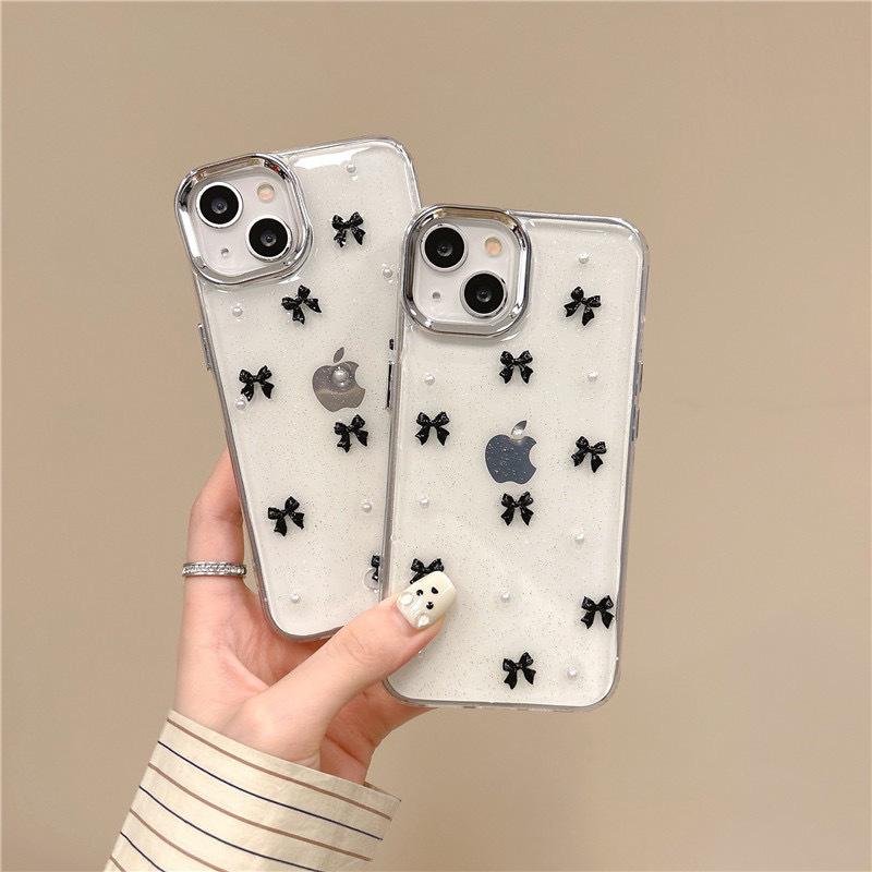 Transparent Glitter Phone Case for IPhone 16 Promax Black Bow for Apple 17 Pearl 13 Women's New Model