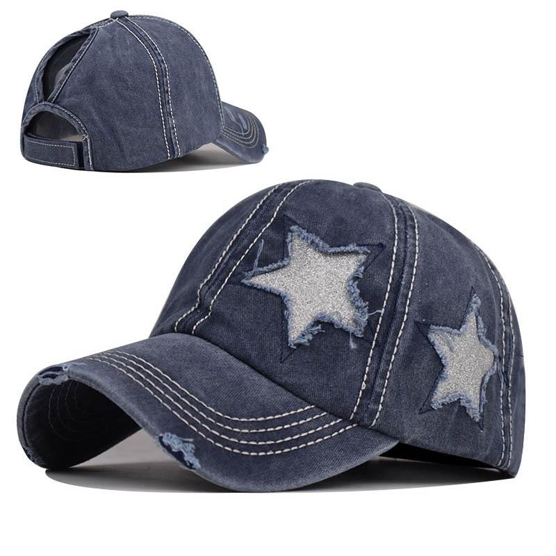 

New Arrival Women Ponytail Hole Baseball Cap Washed Fashion Sequins Girls Sun Snapback Cotton Stars Embroidery Hat 54-60cm тёмно-синий