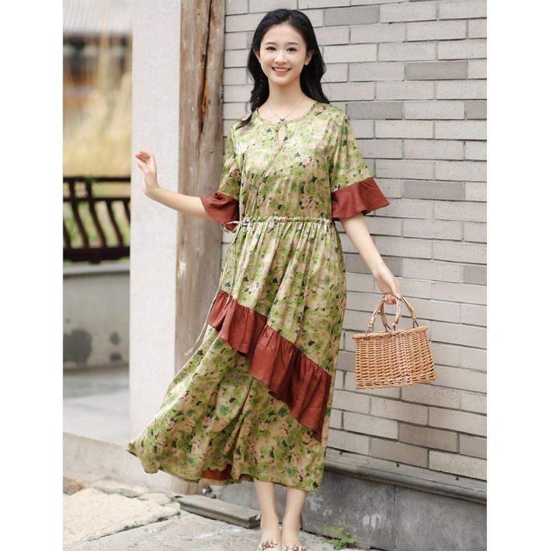 Johnature Woman Summer Fashion Print Devise Half Sleeve Dress Splicing Contrast O-Neck Dress