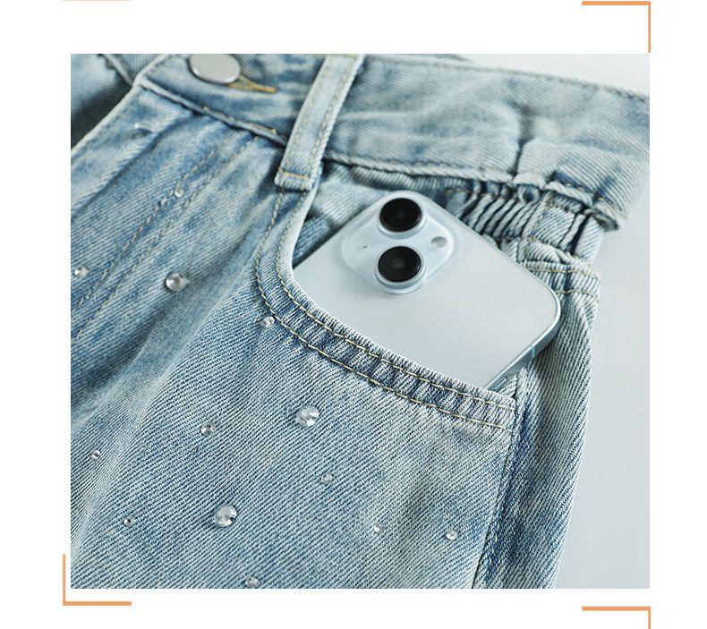 2026 Summer Women's High Waist Rhinestone Denim Shorts - Plus Size A-Line Wide Leg Hot Pants with Spicy Girl Design
