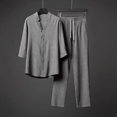 Ice Silk Linen Men's Set Spring Summer Loose Pullover Tops and Elastic Waist Trousers Sport Suits Men Two Piece Sets