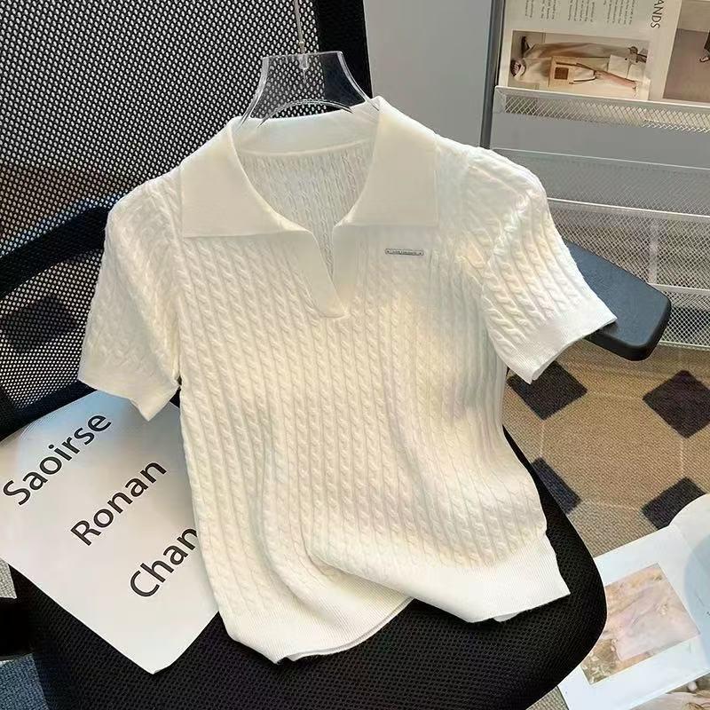 Women's Slim Fit Knitted T-Shirt with Turn-Down Collar – 2025 Summer Fashion