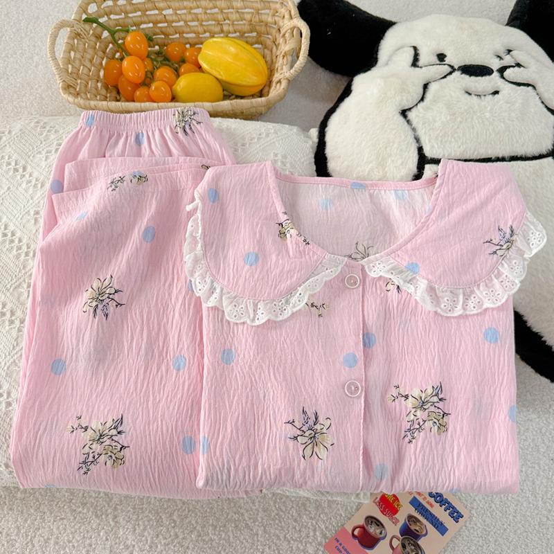 Cloud Cotton Pajamas Women'S Doll Collar Long-Sleeved High-End Floral Loungewear Set