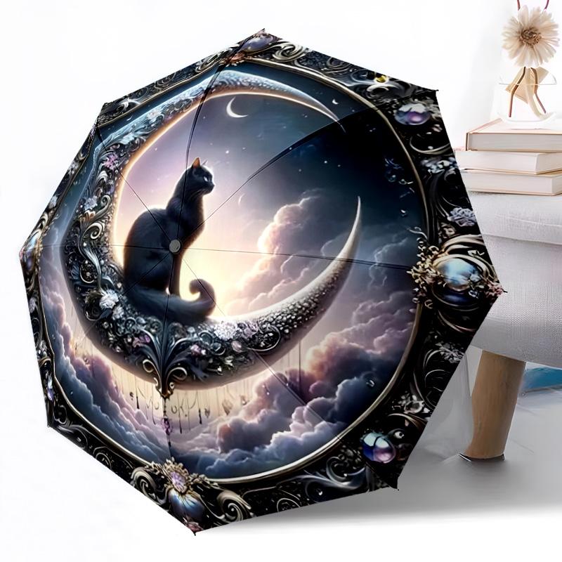 Mystische Schwarze Katze Mondsichel Automatischer Outdoor-Regenschirm Einziebares Design mit 8-Speichen-Haltbarkeit Leicht Perfektes Geschenk für Freunde Familie