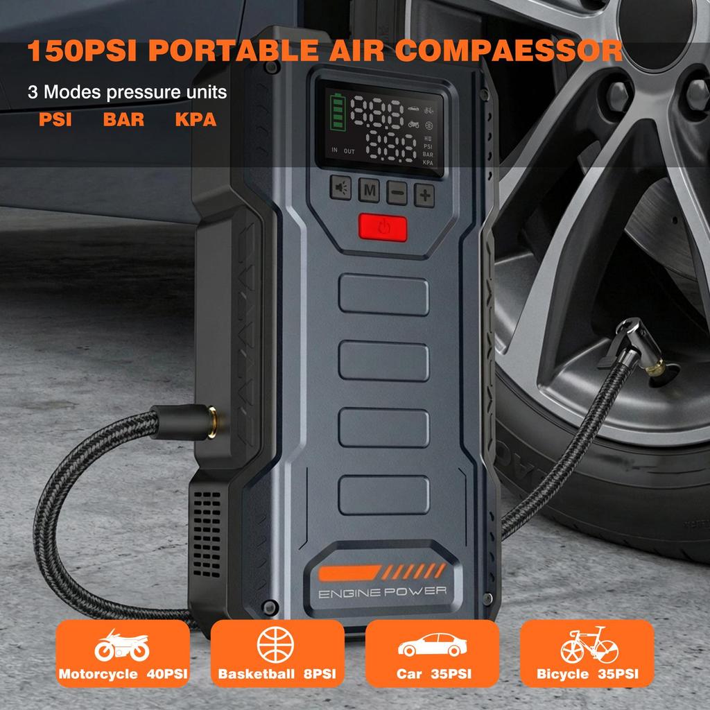 Car Jump Starter Booster Jumper BOX Power Bank Battery Charger Pack With 150PSI Air Compressor Eigotrav W170 12V 7000A 12000mAh