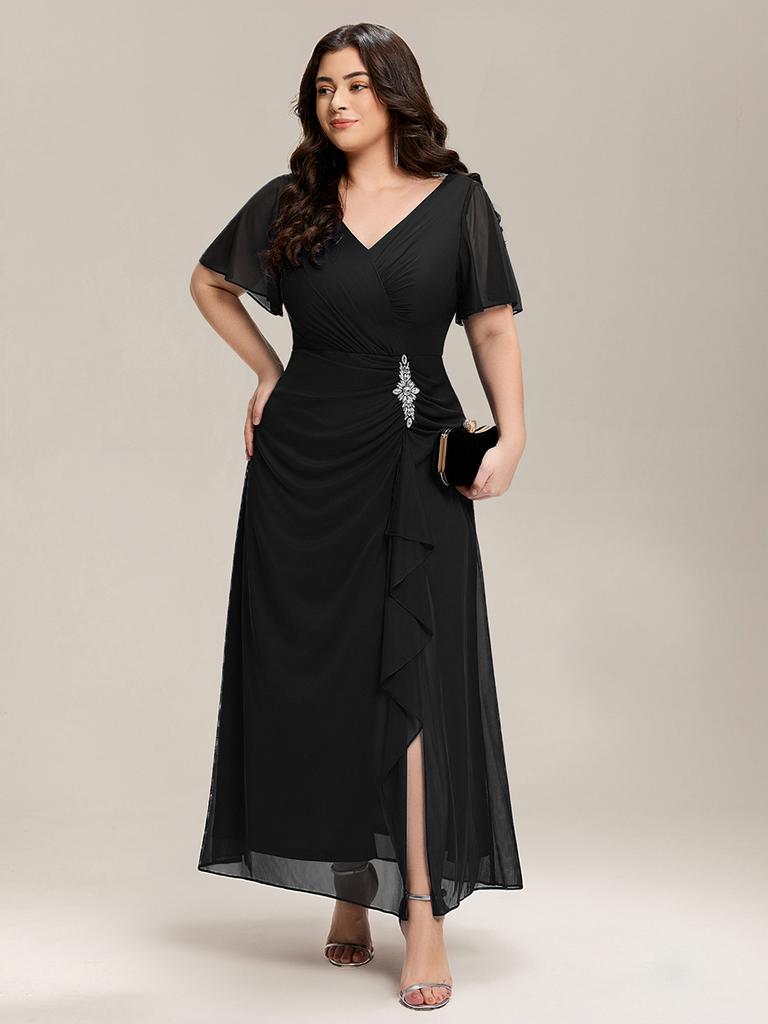 Ever-Pretty Women's Plus Size Formal Dress Short Sleeve Ruffled Deep-V Neck Chiffon Slit Mother of the Bride Dress with Rhinestone-Embellished