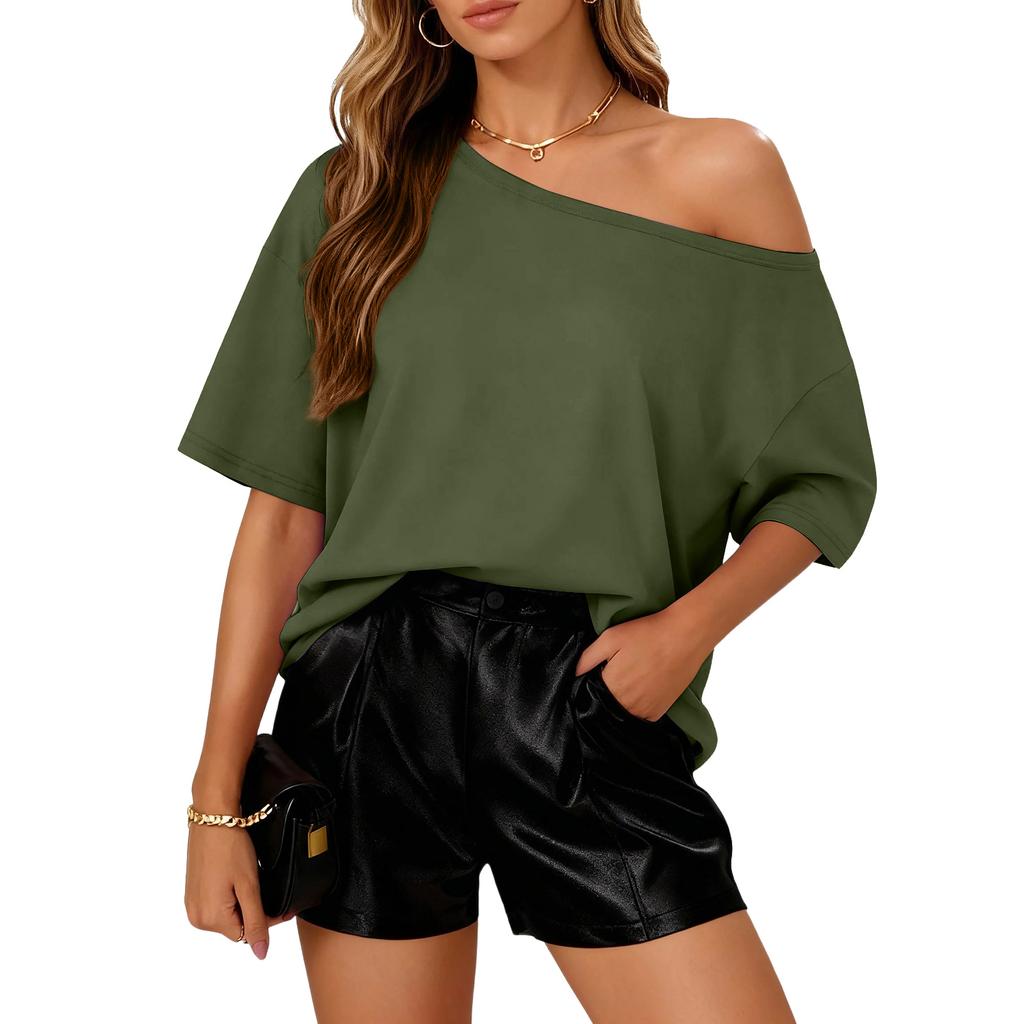 Damenmode Off-Shoulder T-Shirt Farbe Lockerer Schnitt Kurzarmtop