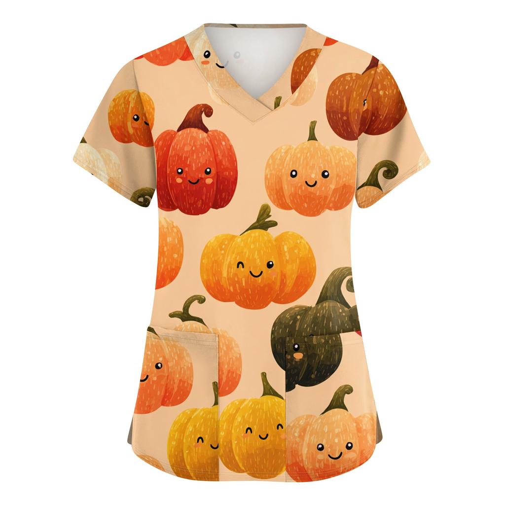 Dámské roztomilé potištěné pracovní oblečení Výstřih do V Dvouvrstvé kapsy Základní top s krátkým rukávem Pulovr