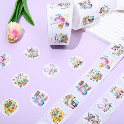 500pcs/roll Easter Bunny Stickers Cute Colorful Flowers Eggs Illustration Stickers Spring Summer Party Gift Bag Sealing Stickers