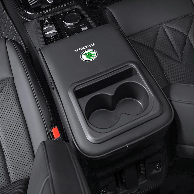 gbmkt6 Car Armrest Box Cushion Leather Soft Pad With Cup Holder For Skoda Kylaq Elroq Octavia Enyaq Kamiq Scala Rapid Superb Karoq Yeti