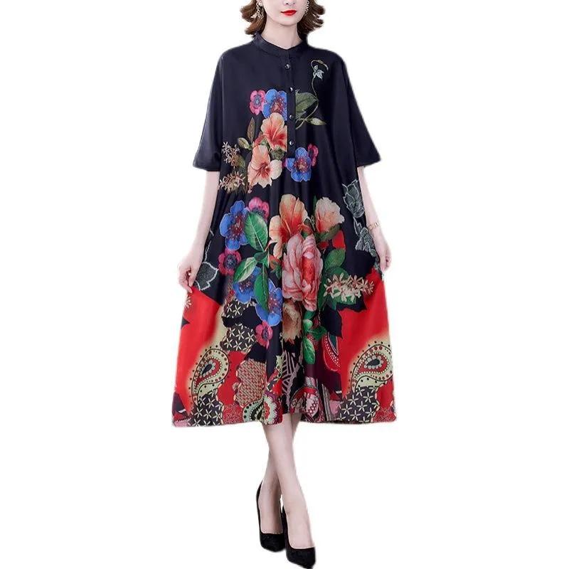 Women's Black Floral Print Midi Batwing Sleeve Loose Casual Party Dress
