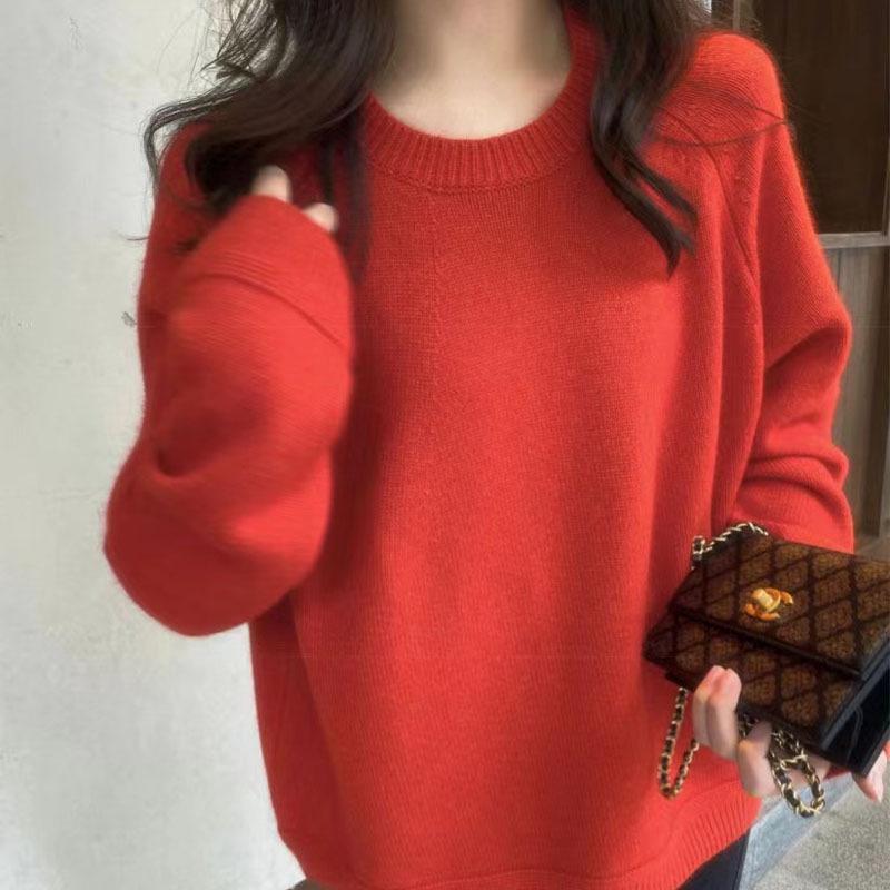 Women's 100% Wool Round Neck Sweater - Autumn/Winter Style, Long Sleeve, Loose Fit, Versatile Short Knit Base Layer