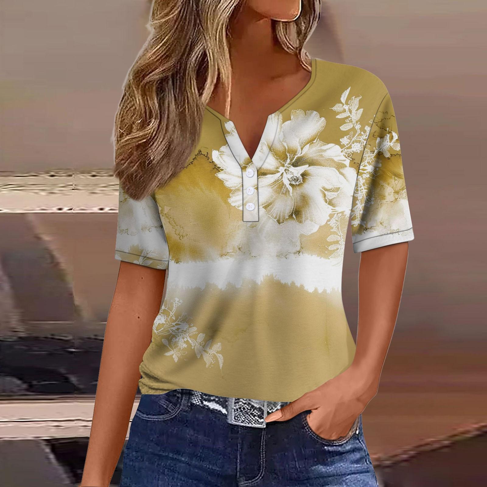 

Жен. Футболка Футболка С принтом Пуговицы С короткими рукавами Повседневные Выходные Мода Классический V-образный вырез Обычный Верх XL жёлтый