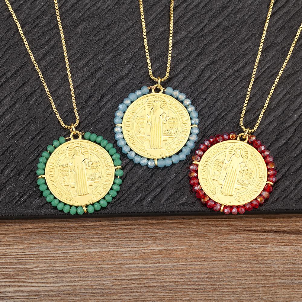 Nidin Neues Kreatives Design Runde Form Eingelegte Perlen Charm Anhänger Halskette Für Damen Herren Religiöser Stil Schmuckzubehör Geschenk