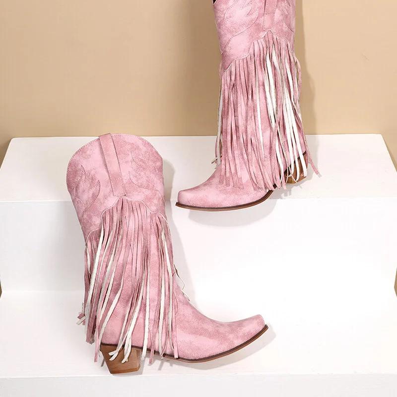 Large Size 45 Women Retro Ethnic Western Cowboy Boots Block Medium Heels Tassel Fringe Kneehigh Boots Lady Winter Shoes