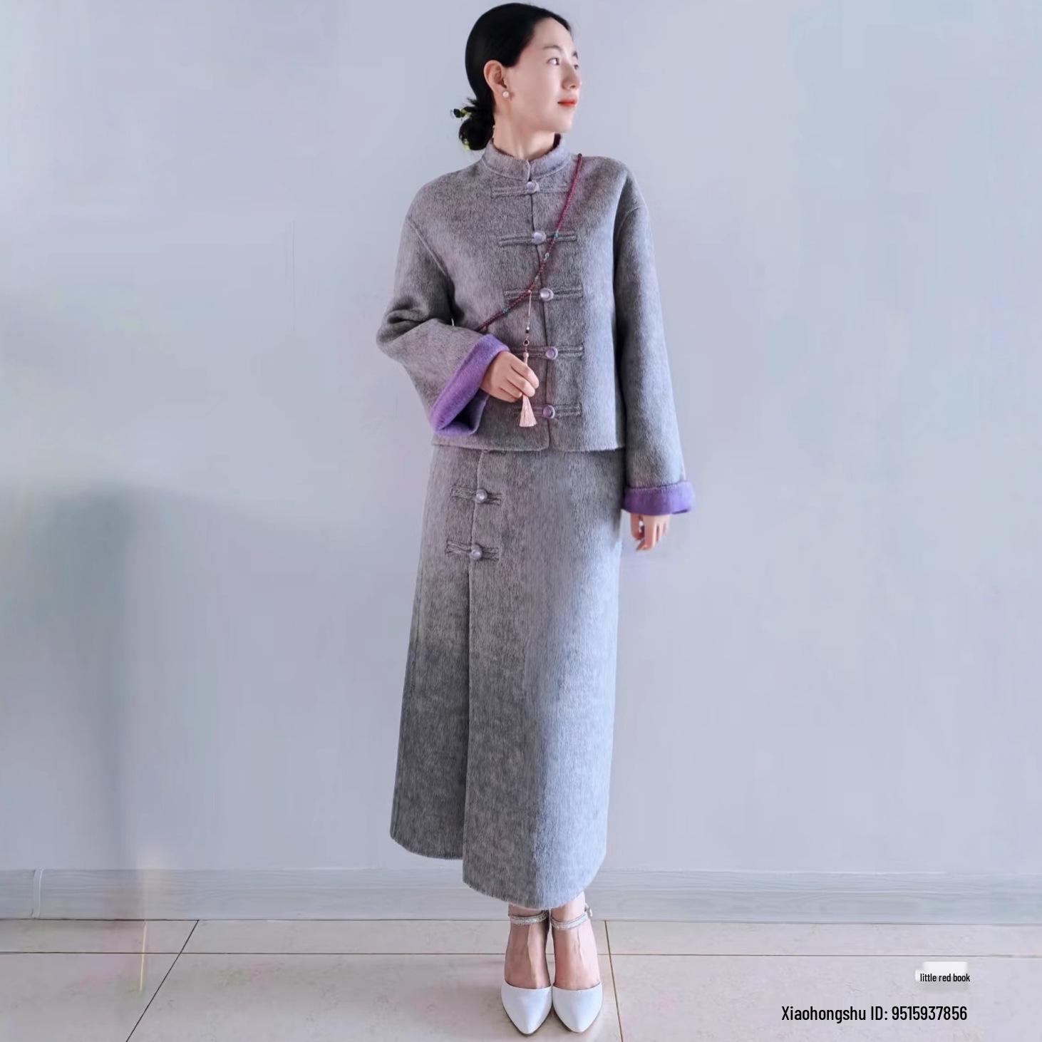 Jiang Yan s SW Wool Blend Double-Faced Two-Tone Chinese Frog Button Half Skirt - Winter 2025 Collection L серый