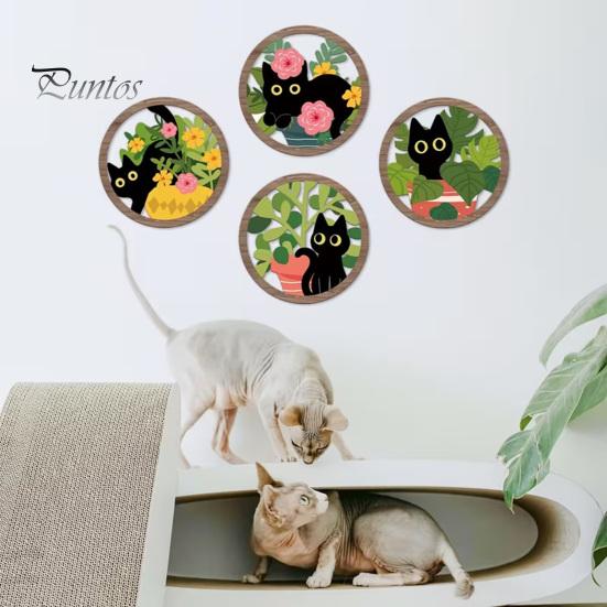 Regalos para Amantes de los Gatos 4 Piezas Arte de Pared Boho Negro, Cartel de Madera Colgante Floral de Granja, Arte Inspirado en la Naturaleza Botánica Decoración de Gatito, Cartel de Madera de Hojas