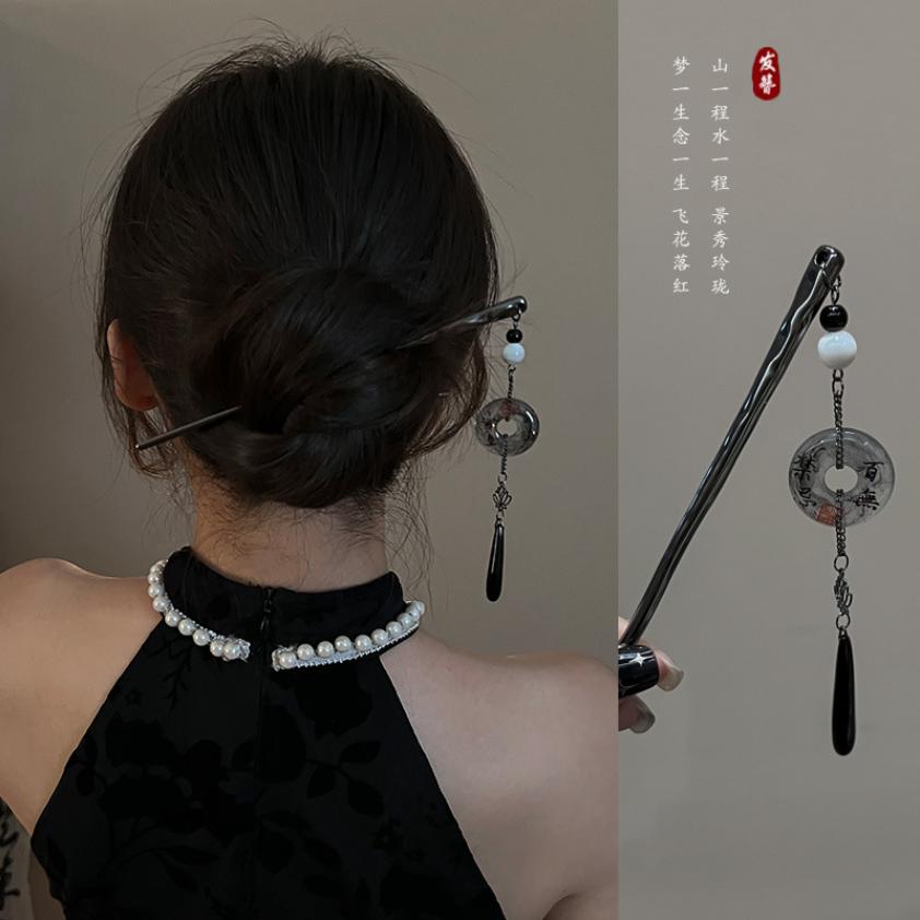 New Chinese Style Black Butterfly Flower Tassel Hair Stick for Women Vintage Metal Hanfu Chopstick Hair Sticks Hair Accessories
