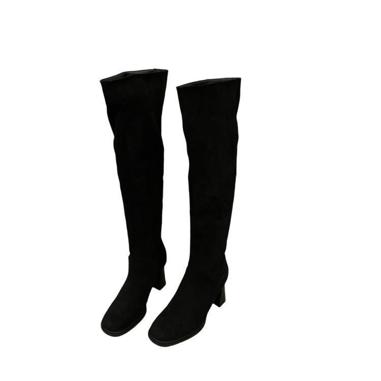 High-heeled suede square head stacked long boots women's boots 2025 new autumn and winter thin but knee high boots