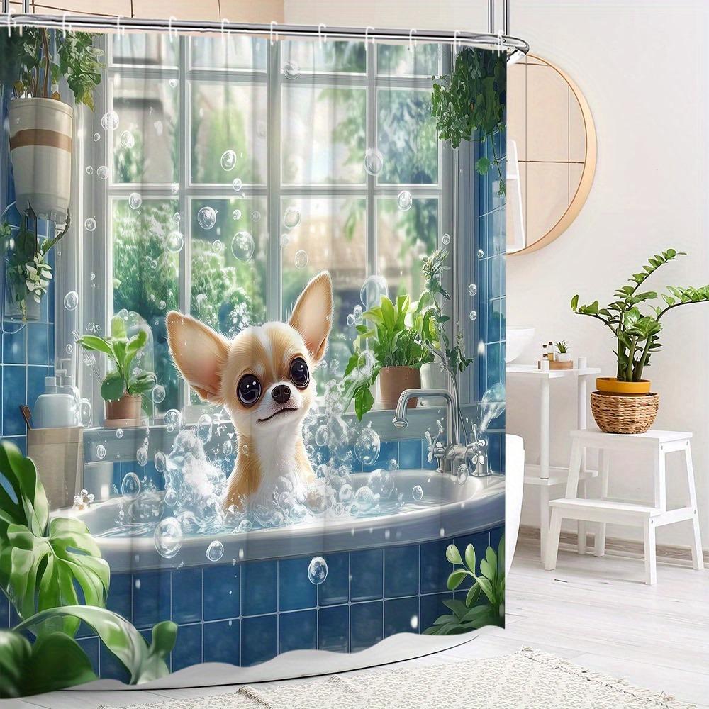 Cute Dog Is Taking A Bath Shower Curtain Washable Dirt-Resistant Shower Head Waterproof Polyester Bath Curtain For Home Decor