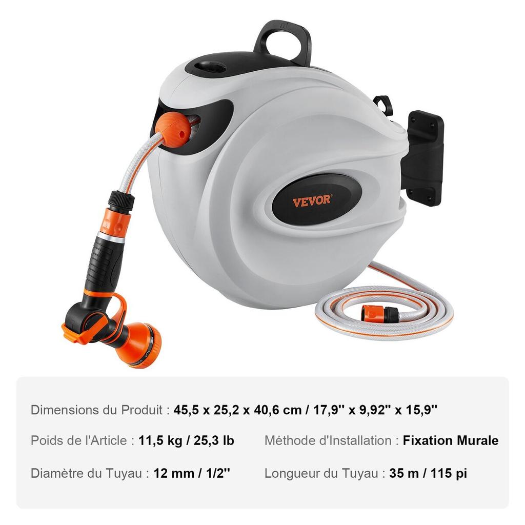 Retractable Hose Reel Water Hose Reel 115'x1/2" 180° Swivel Wall-Mounted