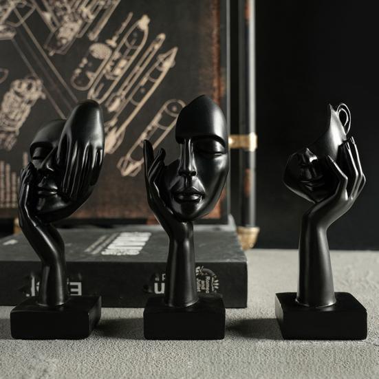 Abstrakt Tänkare Skulptur Ingen Hör Ingen Ser Ingen Talar Modern Harts Huvud Staty Samlarfigur för Hem Kontor Bokhylla Skrivbordsdekor