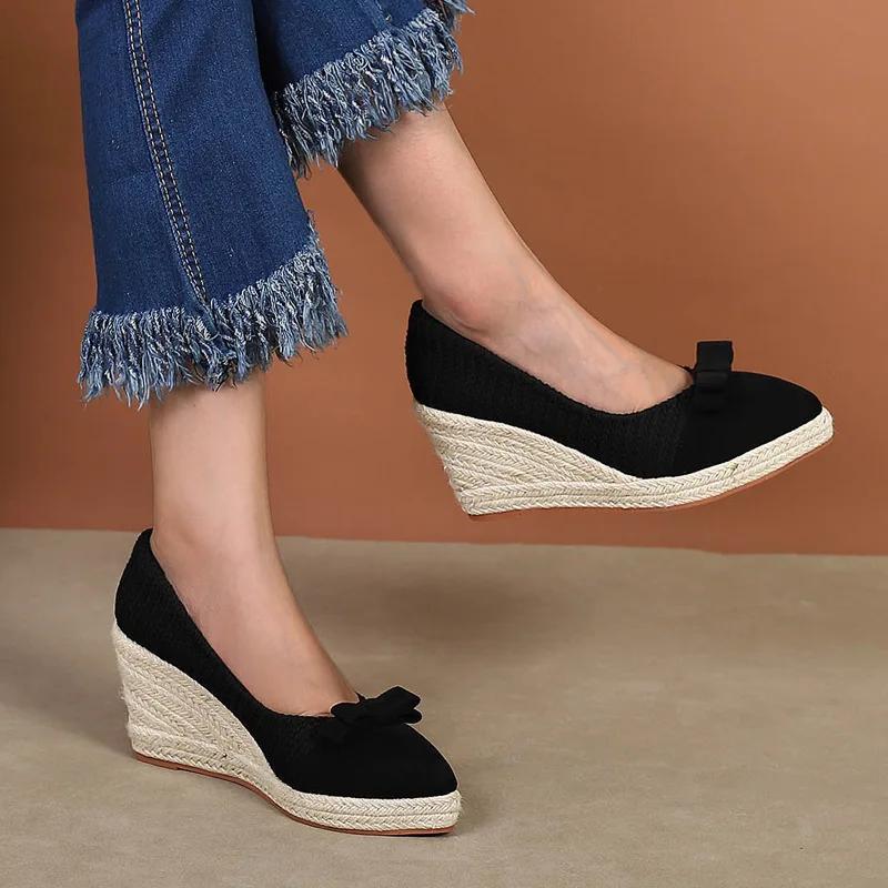 8cm Plus Size 34-42 Breathable Shallow Flock Platform Wedges Shoes Women 2025 Fall Bow High Heels Pumps for Office Mom Dance
