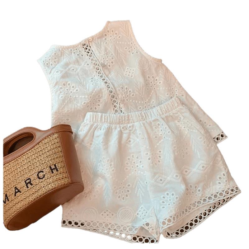 Girls Summer Cotton Lace Hollow Out Vest And Shorts Set Fashionable Childrens Two Piece Outfit For Warm Weather