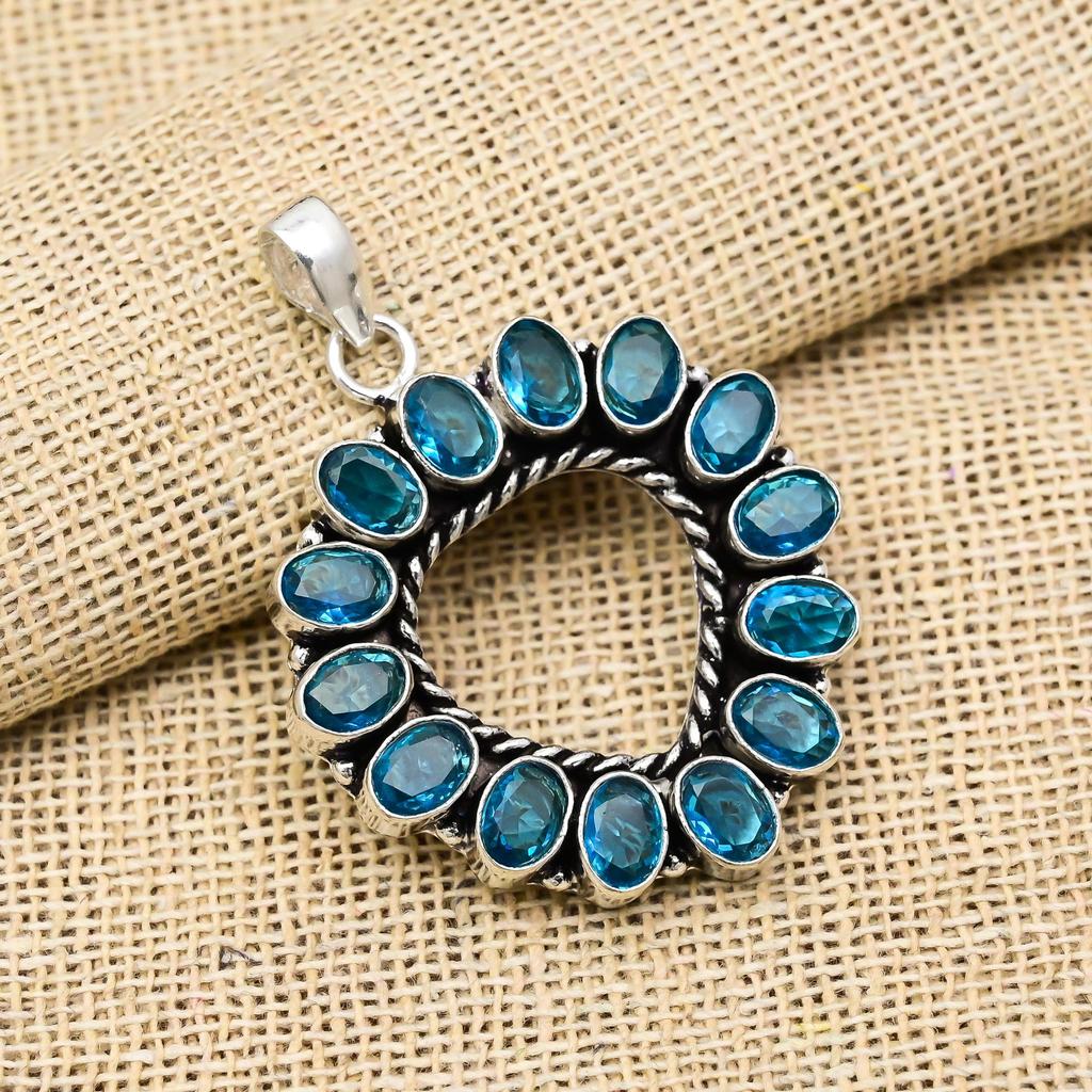 Blue Topaz Gemstone Handmade 925 Sterling Silver Jewelry Magnificent Pendant For Wedding Gift