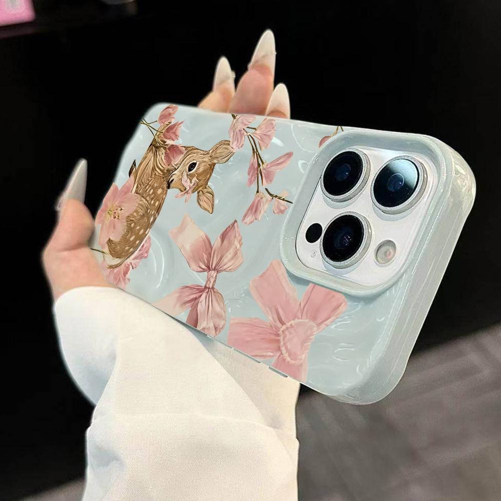 Retro Bow Sika Deer Pattern Phone Case For IPhone 17 16 15 14 13 12 11 Pro Max 14 Plus 17Air Wrinkle Wave Soft Silicone Cover