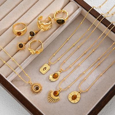 11 Pcs Vintage Brown Opal Jewelry Set for Women Maillard Gold Color Metal Geometric Pendant Necklaces and Rings Y2K Jewelry Gift