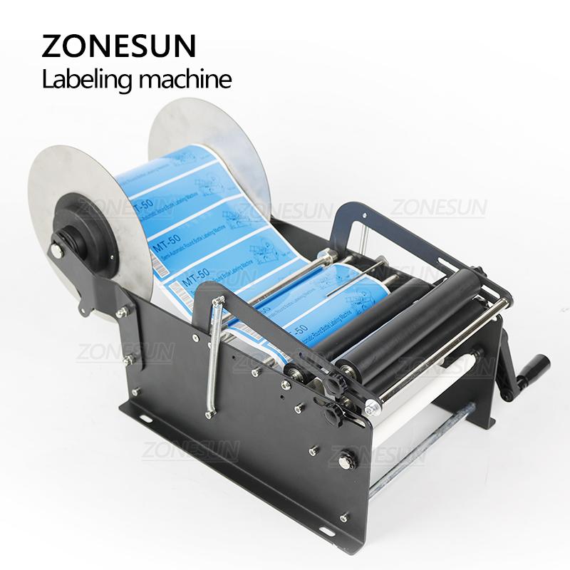 ZONESUN ZS-50W Manual Round Bottle Adhesive Sticker Label Applicator For Plastic Wine Bottle Packing Labeling Machine