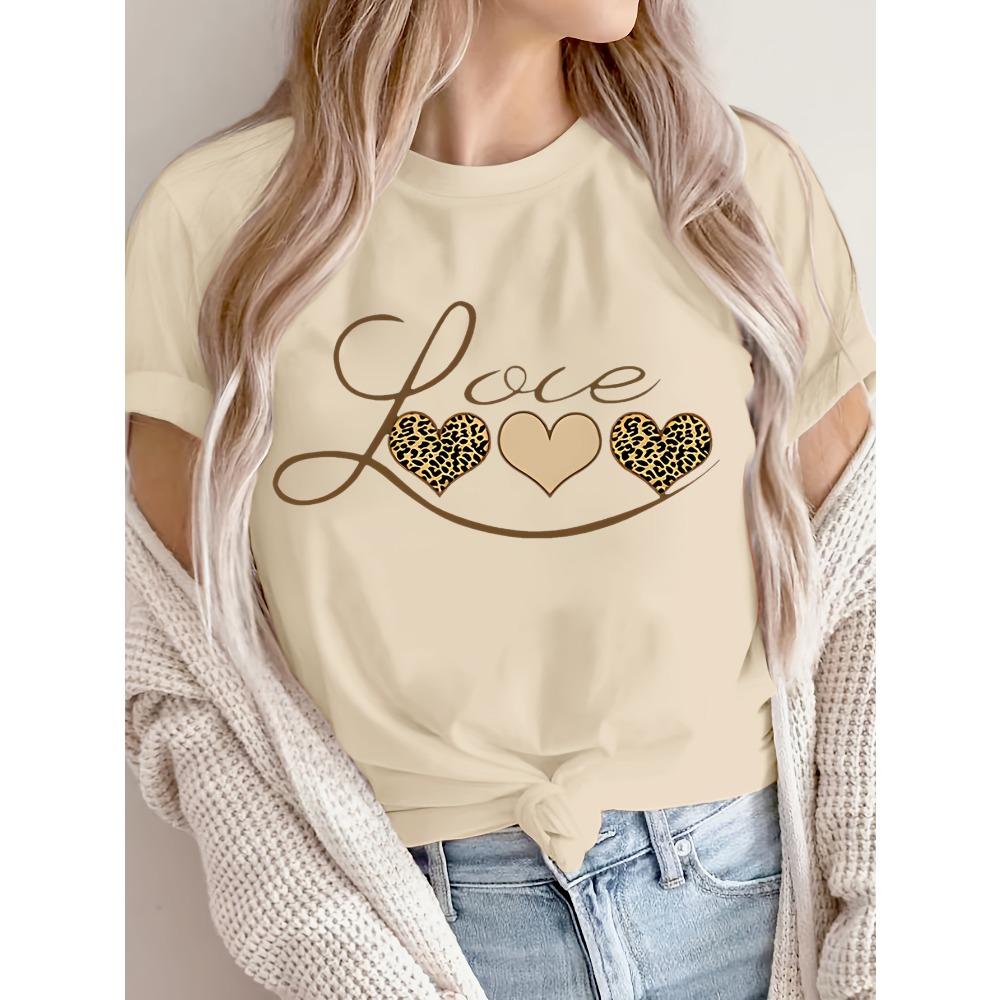 Women Chic Leopard Print Love Heart Graphic Round Neck with Golden Accents Wear Leopard Print