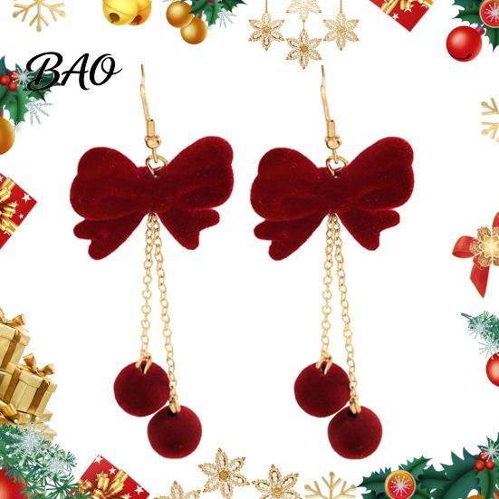 Christmas Gift for Her 1 Pair Velvet Bow Earrings Women, Red Bowknot Dangle Drop Charming Holiday Party Jewelry with Ball Charm, New Year Xmas