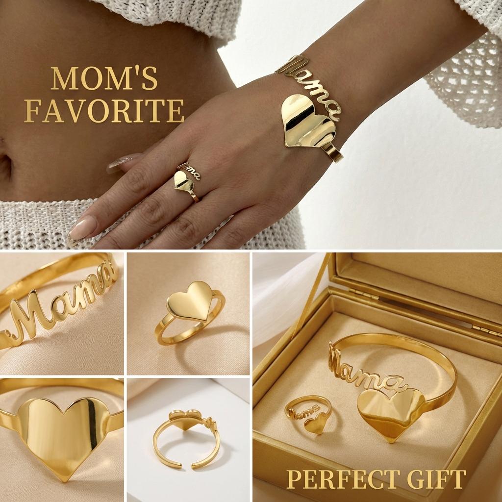 2 Pcs Gold Color Mama Letter Bracelet Ring Set For Women Love Heart Adjustable Bangle Finger Ring Mother's Day Mom Jewelry Gifts