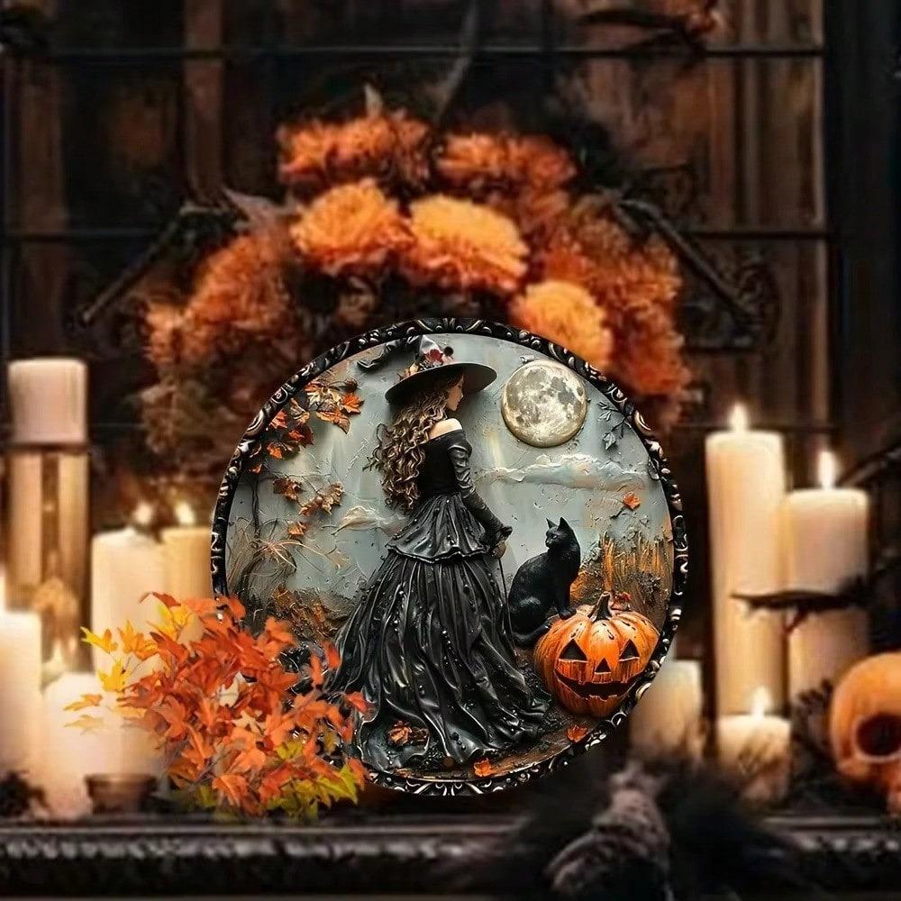 Gothic Witch Cat Wall Decor Metal Art Home Office Halloween