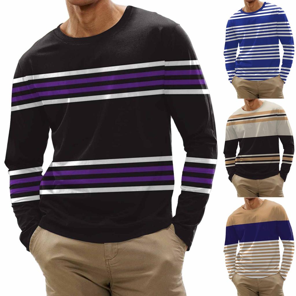 Herremote Casual Stripe trykt Langermet O-hals skjorter Topper Bluse