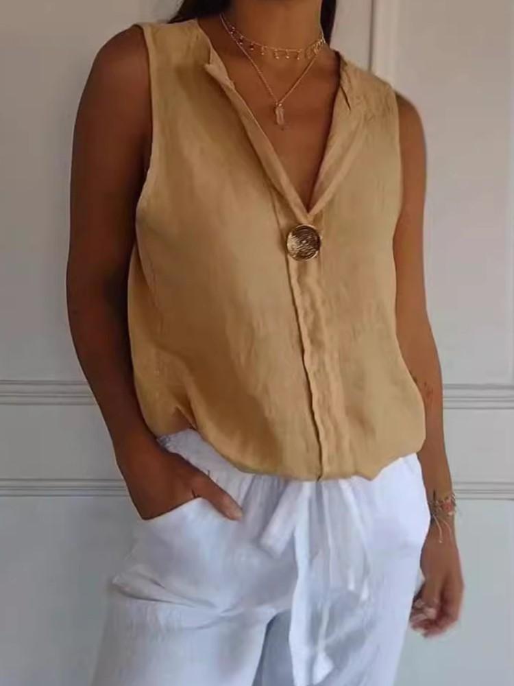 Casual Sleeveless Shirt Lady Fashion Button V-Neck Pullover Solid Top For Women Holiday Office Tops Shirts Women Clothes Summer
