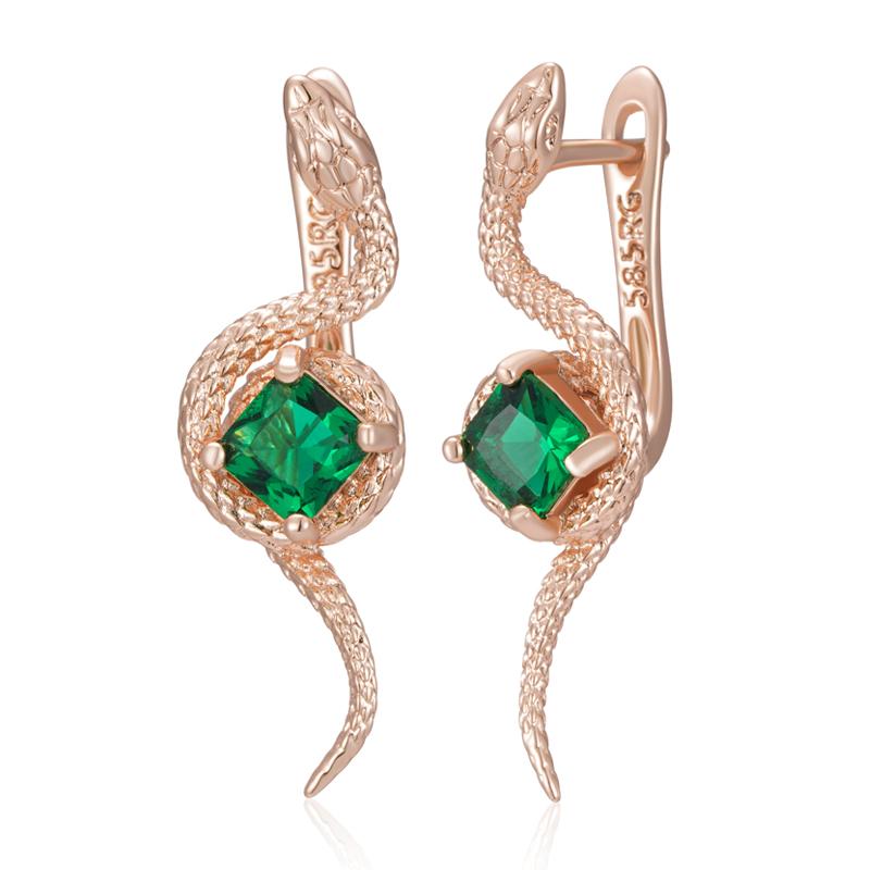 Green Natural Zircon Snake Drop Earrings For Women Fashion Rose Gold Color Vintage Daily Punk Animal Jewelry