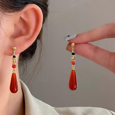 Boucles d'oreilles ethniques Hanfu de style chinois, pendentif en forme de goutte d'eau rouge, boucle à clip pour oreille, longue boucle classique rétro, bijoux cadeau