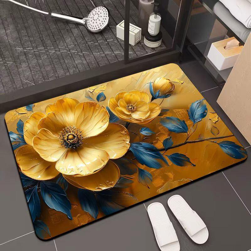 3D Floral Diatomaceous Earth Bath Mat - Absorbent, Quick-Dry, Stain & Wear Resistant Doormat