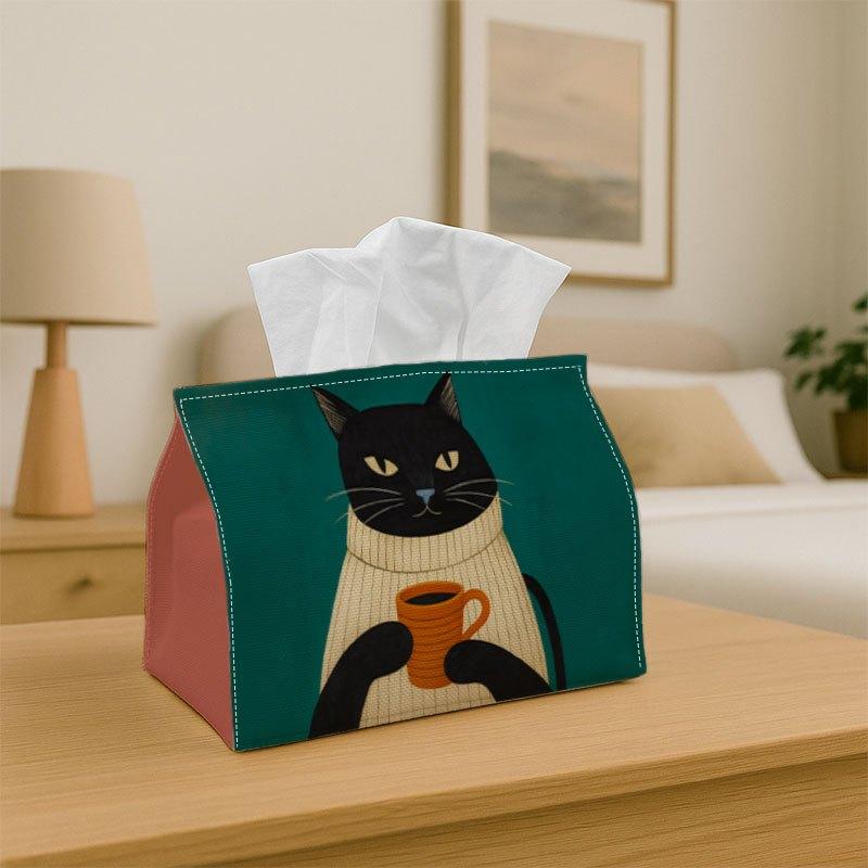 1pc Cat Coffee Illustration Design Tissue Box Cover - Modern Minimal Cozy Pattern Tissue Box Holder, Multi-Functional Tissue Holder for Home, Car, And