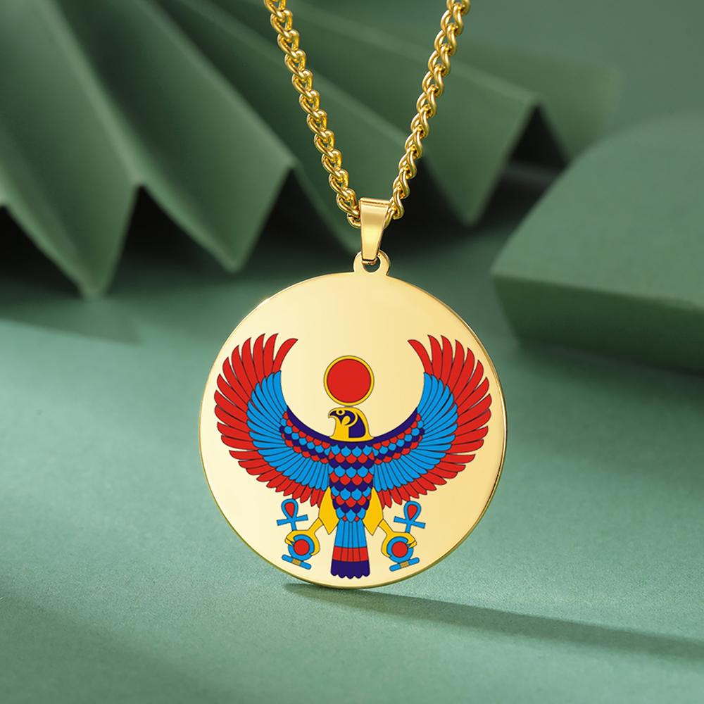 Dawapara Pharaonic Horus Necklace Winged Sun Disk Horus Falcon Necklace Ancient Egyptian Guardian Amulet Stainless Steel Jewelry