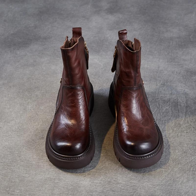 Johnature Retro Thick Soled Side Zipper Women's Short Boots Genuine Leather Knight Boots