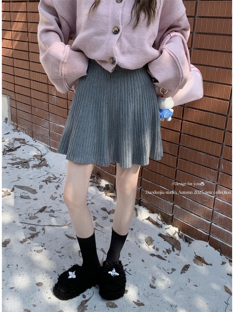 Grey Slimming High-Waisted Knit A-line Skirt - Women's 2025 Retro Korean Style Short Skirt