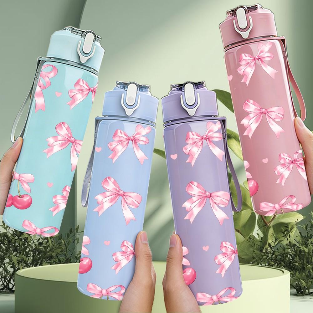 1PC Pink Bow Ribbon Seamless Print 750ml Color Plastic Sports Water Bottle Leakproof Flip Straw Lid Suitable for Sports Office Home Use