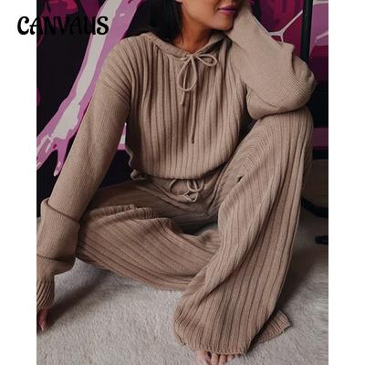 Costum din tricot pentru femei de primăvară și toamnă Top cu mâneci lungi Pantaloni lungi Costum lejer cu glugă