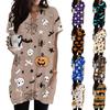 Women's V Neck Halloween Print Short Sleeve Pullover Dress with Pocket Casual Loose Fit Tunic